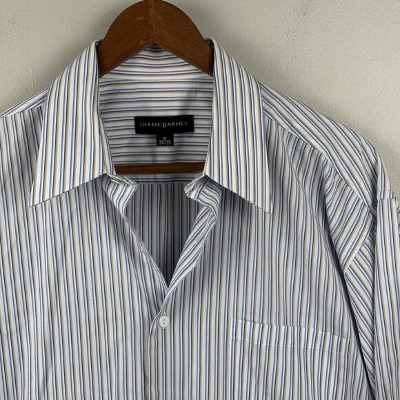 Jhane Barnes Men Dress Shirt Sz 16/34-35 White Striped Blue Grey Cotton Long Slv - Picture 3 of 9
